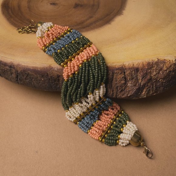 Unbranded Jewelry - Boho Earth Tone Glass Seed Bead Wide Striped Coral Green Gold Beaded Bracelet